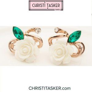 White Rose Crystal Flower Earrings